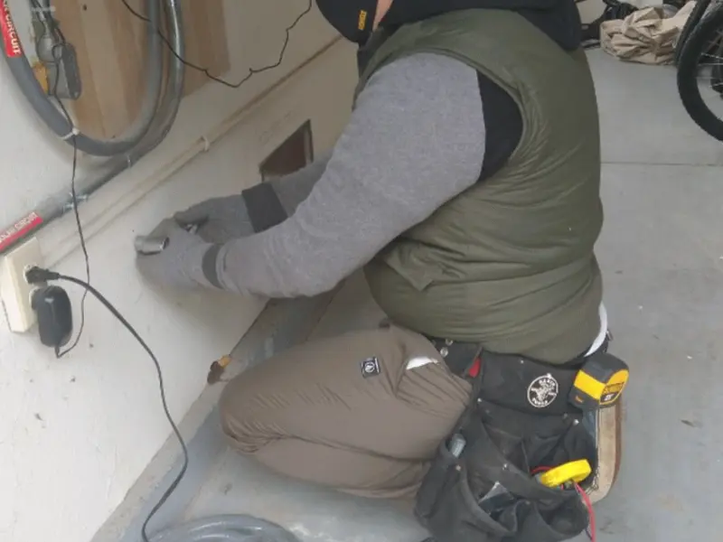 Electrician performing outlet wiring in a Lockport garage